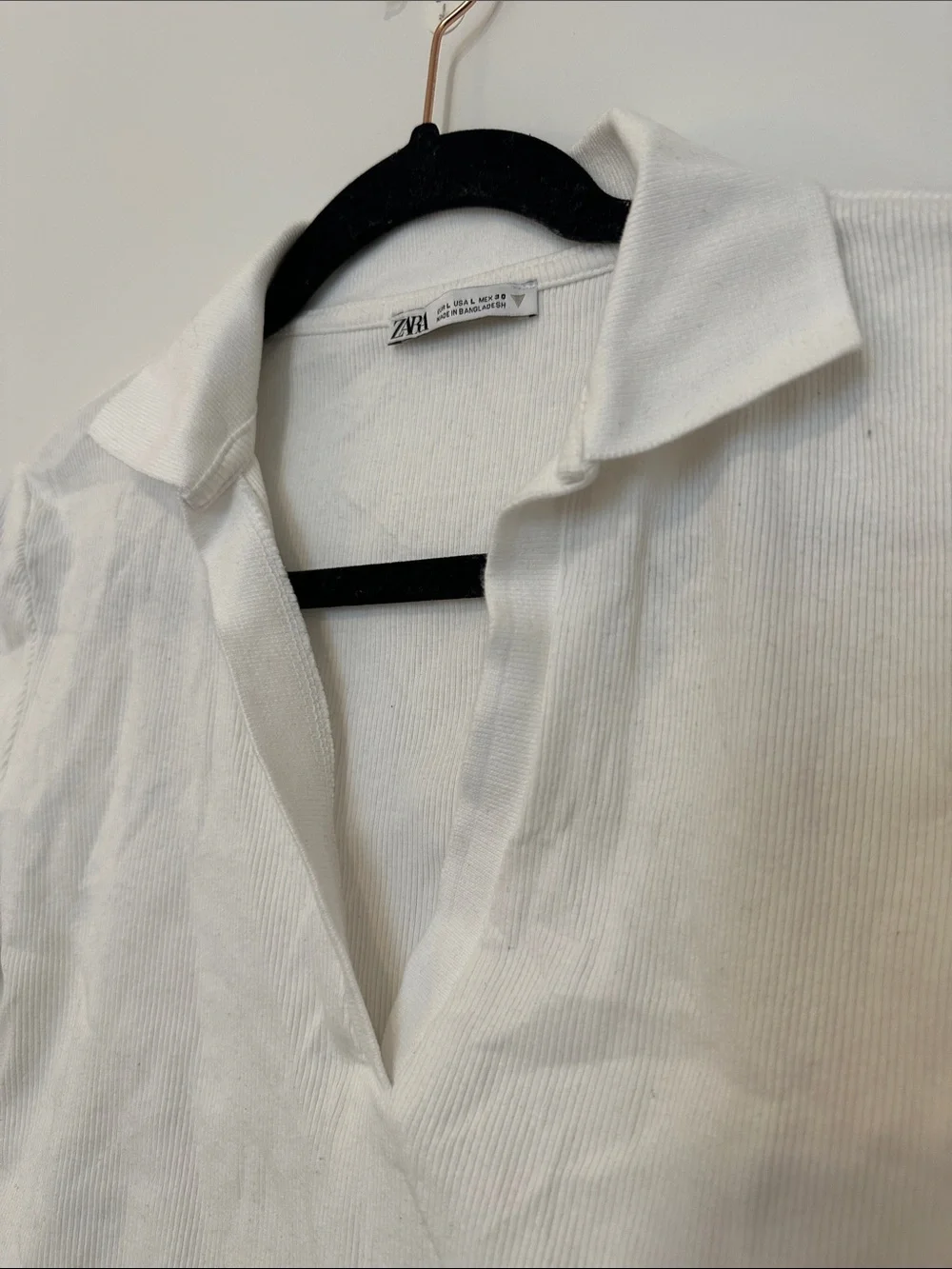 Zara White Ribbed Cropped Polo Tee Top - Picture 3 of 6